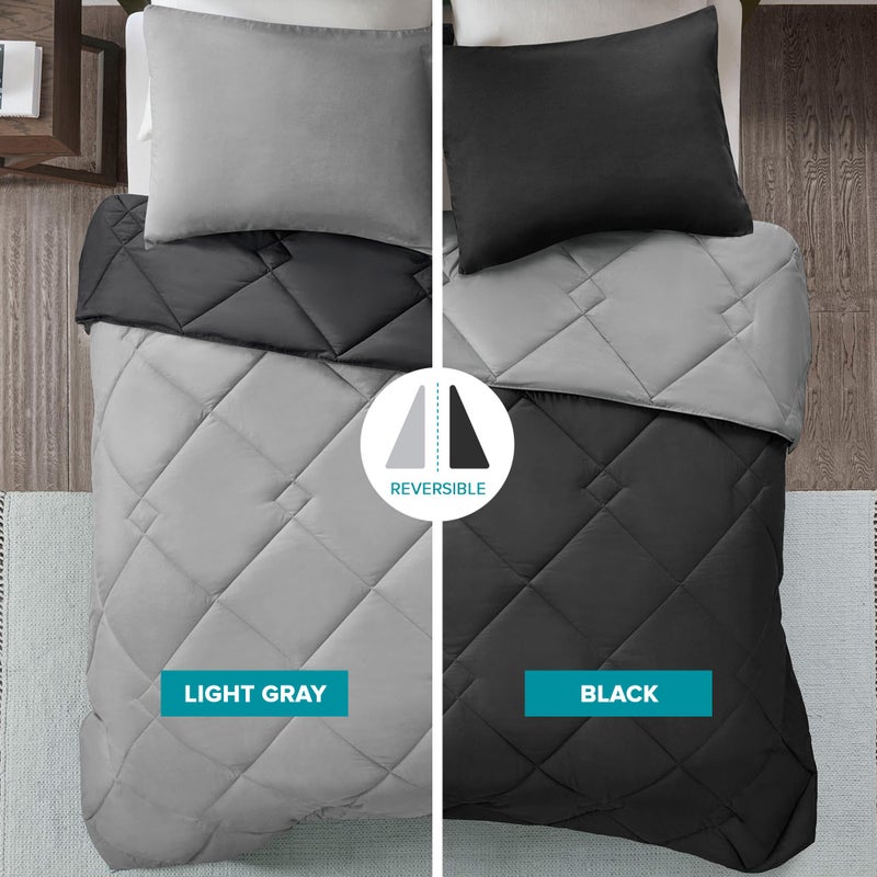 Comfort Spaces Vixie Reversible Comforter Set - Trendy Casual Geometric Quilted Cover, All Season Down Alternative Cozy Bedding, Matching Sham, Black/Gray, Twin/Twin XL 2 piece - Image 5